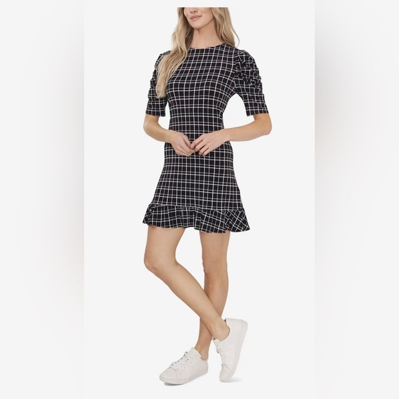 CeCe Puff Sleeve Printed Dress NWT black and white mini lightweight - Picture 6 of 7